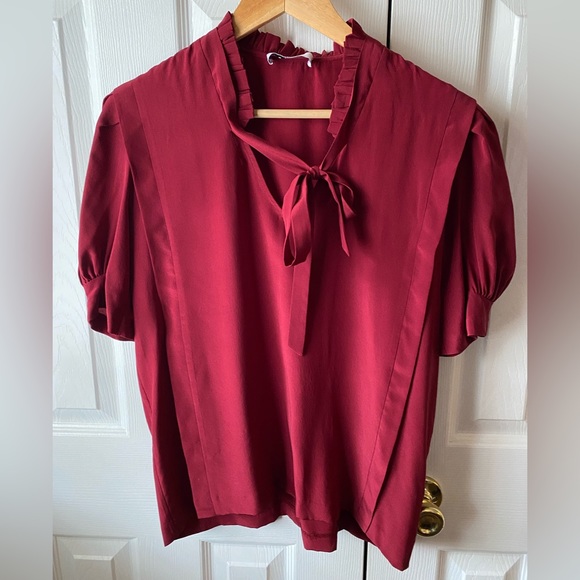Sandro Tops - sandro Paris Burgundy Red 100% Silk Tie Neck Puff Short Sleeve Blouse SZ 2(US M)
